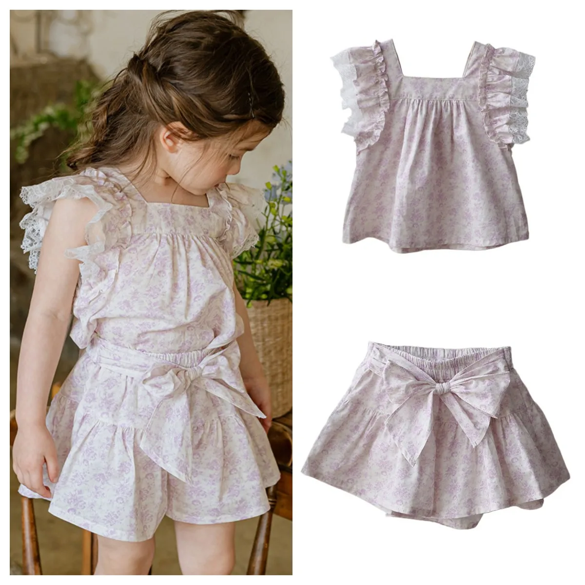 

Girls Clothes Kids 2024 Summer Korean Toddler Baby Girls Cute Fresh Lace Flower Fried Bow Shirt and Shorts Skirts Outfit Set