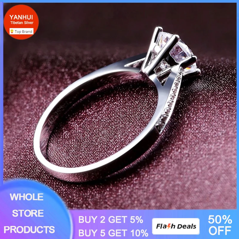 High Quality Original Tibetan Silver Wedding Ring Round 6mm Cubic Zirconia  Finger Rings for Women Exquisite Engagement Jewelry