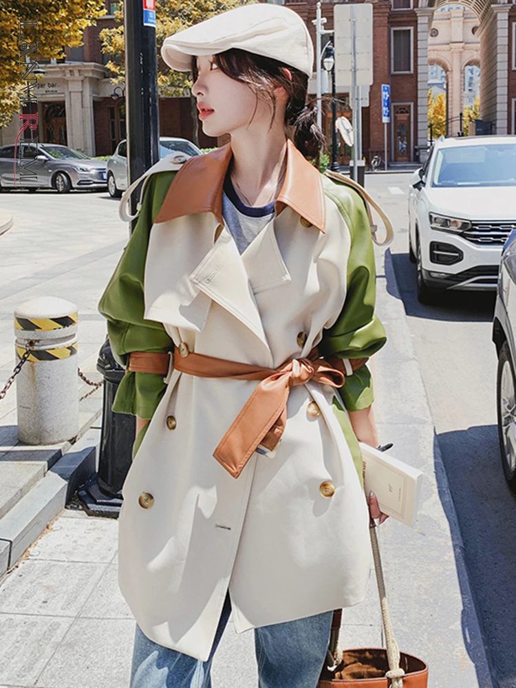 

LANMREM Color Block Spliced Trench Coat Women Fashion Lapel Belt Double Breasted Windbreaker Streetwear 2023 Autumn New 2AA2183