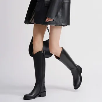 New Fashion Knight Boots Women British Style Genuine Leather Black Knee High Boots Round Toe Square Heel Shoes Female