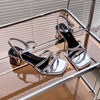 Women's Sandals Summer New Square Heel High Shoes Fashion Roman Sandals Black and White Open Toed Woman Slippers Ladies Shoes