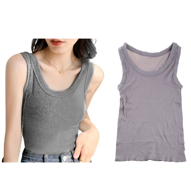 

Women Spring Summer Sleeveless Fit for Tank Top Ribbed Knitted Neck Racerback Vest Plain Solid Color Basic Dropship