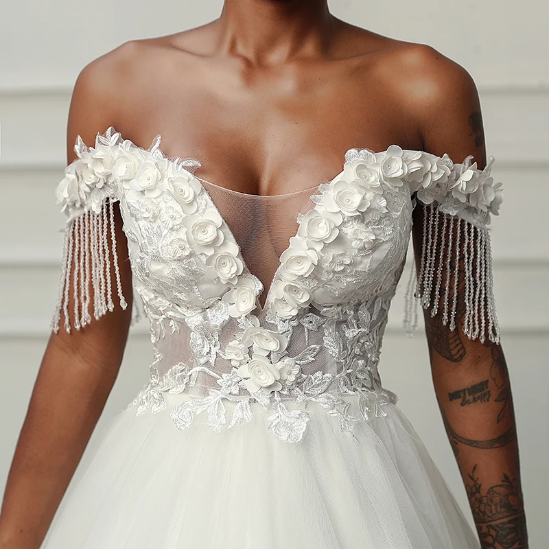 Customized Boat Neck Wedding Dresses for Women flower pattern tassel vestidos de novia robe de mariée Wedding Ceremony Dress 5