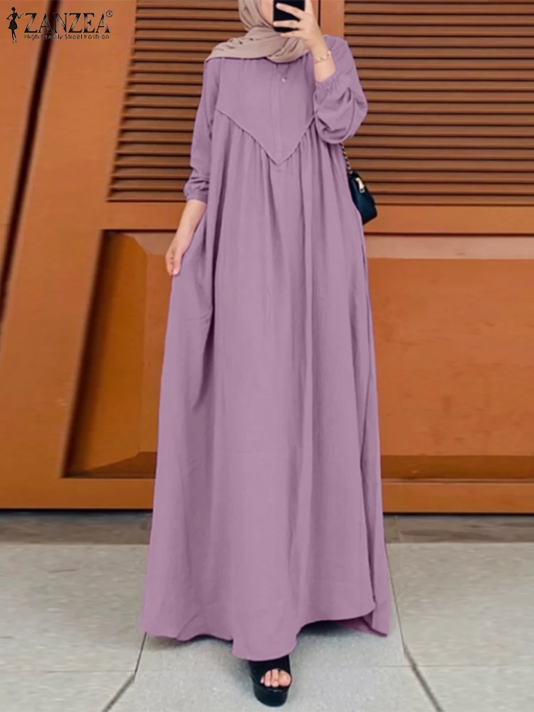 

Elegant Women Muslim Dress Ramadan Abaya ZANZEA Casual Long Sleeve Maxi Dresses Dubai Vestidos Robe Solid Loose Islamic Clothing