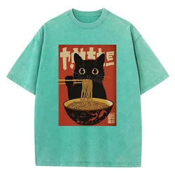Vintage Washed Retro Cat Ramen Graphic Tee - Black Cotton Streetwear - S (Green)