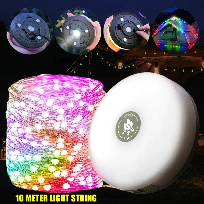 Camping Light LED USB Rechargeable 10Meter Recyclable Rolling String Light Waterproof Tent Lamp RGB Atmosphere Flashlight