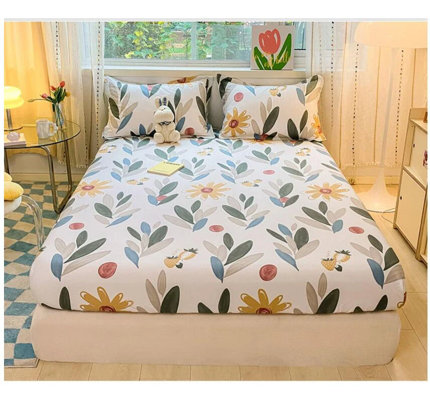 100% Cotton Bed Fitted Sheet With Elastic +2pc Pillowcases Flower Aerospace Bed Sheet Single Full Queen King Cal-King Size B82A 2
