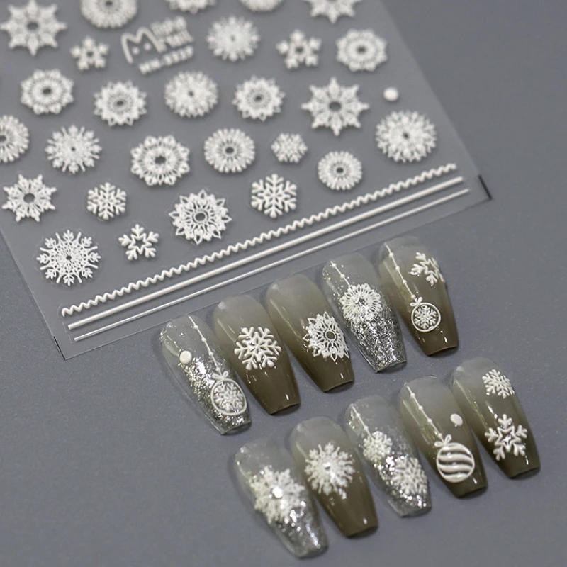 

White Snowflake 5D Embossed Reliefs Self Adhesive Nail Art Decorations Stickers Christmas Lovely 3D Manicure Decals Wholesale