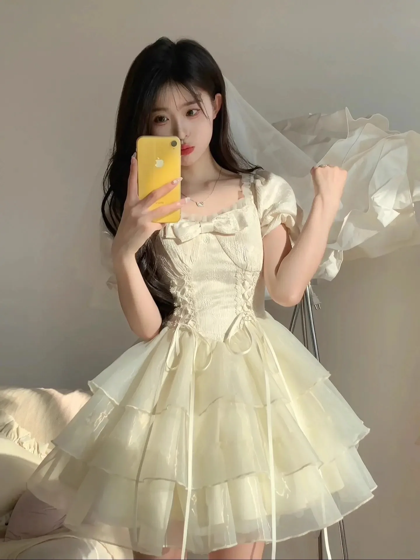 

Japanese Lolita Style Princess Mini Dress Women Short Sleeve Bow Ruffle Birthday Dresses Summer Korean Fashion Party Dresses