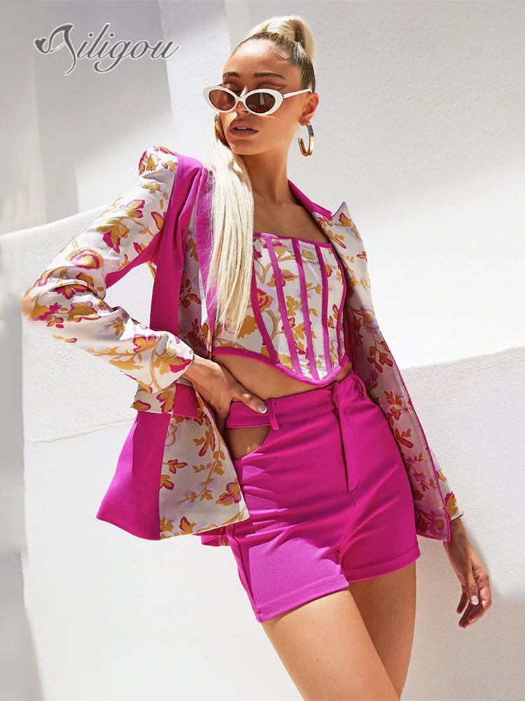 

Ailigou Two Piece Blazer Women's Office Suit Autumn Long Sleeve Shorts Rose Red Patchwork Flowers 2 Piece Women's Sexy Suit