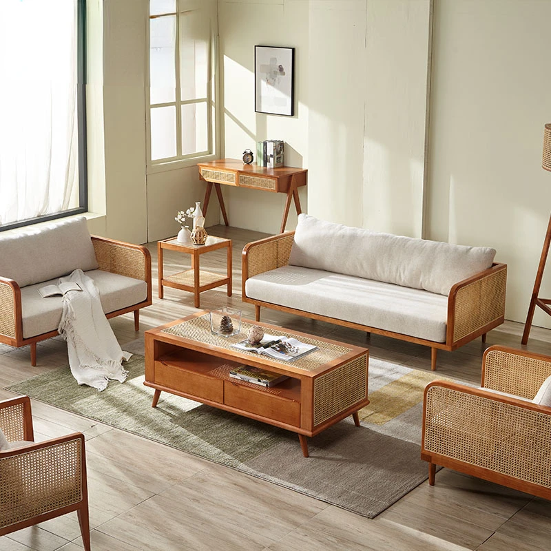 

Rattan sofa combination living room, retro sofa, casual rattan chair, sofa, three-person small apartment