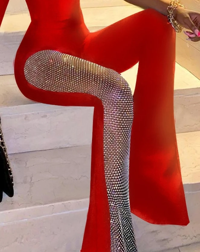 Women's Sexy Flared Leg Jumpsuit Temperament Night Out Female Clothing Women Fashion Rhinestone Fishnet Patch Skinny Jumpsuits