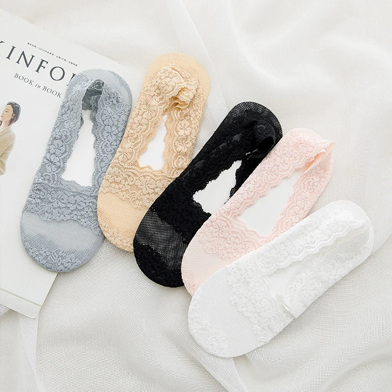 5 Pairs Socks Women's Lace Invisible Short No-Show Ankle Foot Summer Cotton Transparent White Low Cut Boat Sock