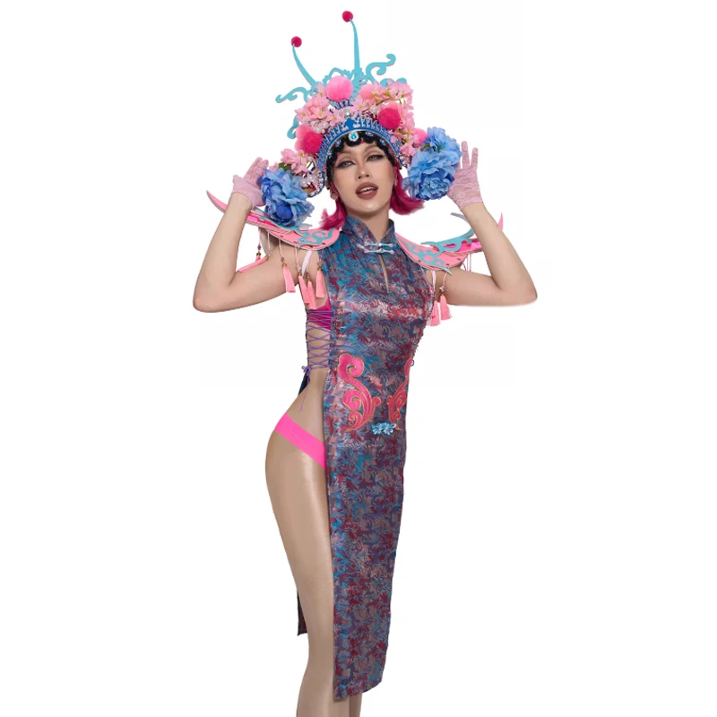 

Gogo Dancer Clothing Chinese Style Flying Shoulder Cheongsam Singer Performance Dresses Women Festival Clothing VDB7815