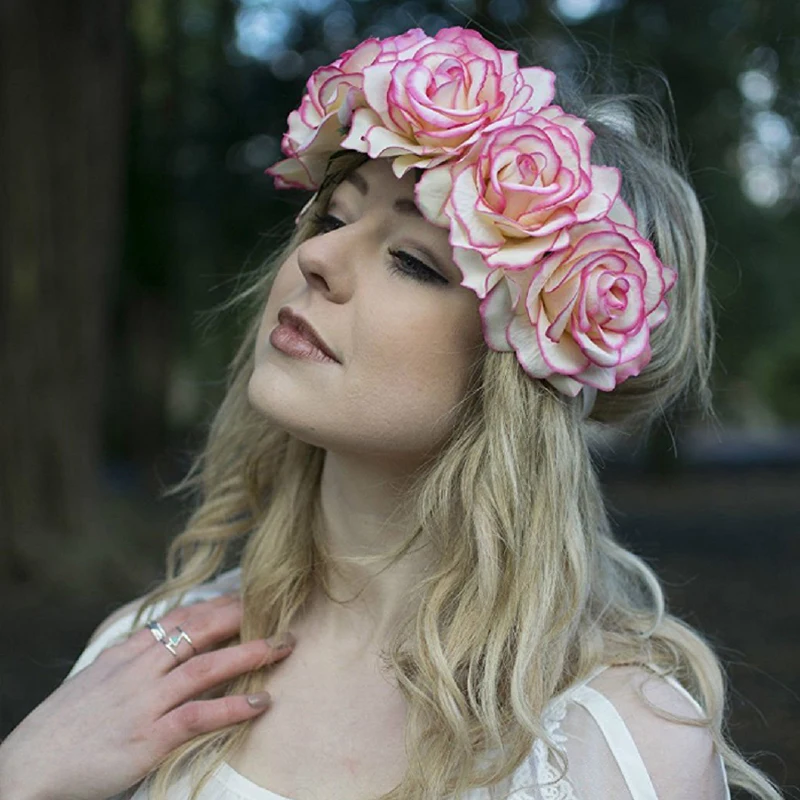 Rose Holiday Crown Festival Headbands Hippie Flower Headpiece Rose Flower Leave Crown Bridal Halo Headband Photography props