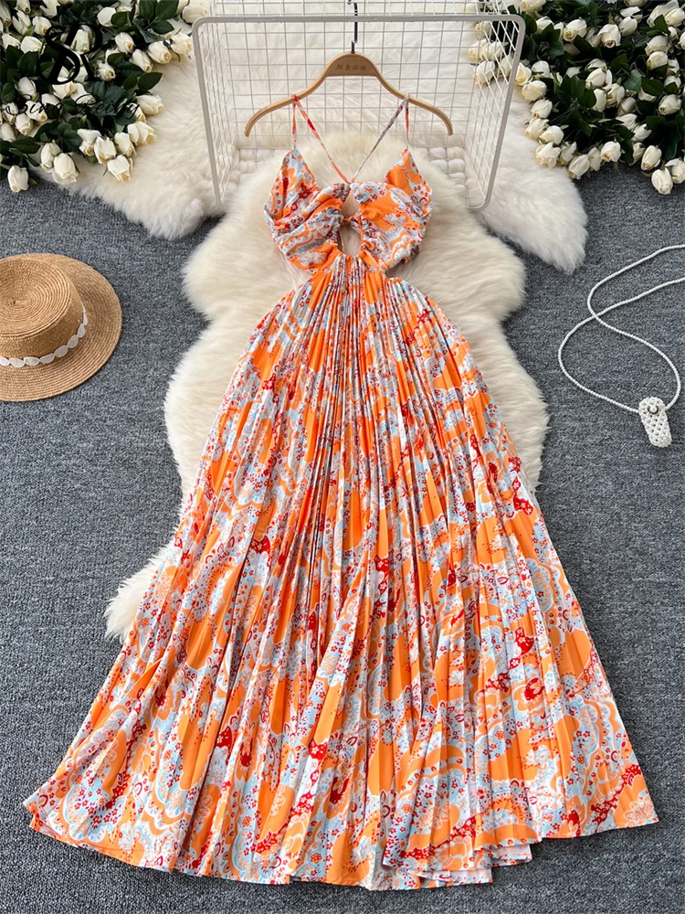 SINGREINY Hotsweet Vacation Beach Dress Spaghetti Strap Hollow Out Chic  Design Female Summer Print Pleated Large Swing Dresses - AliExpress  200000345