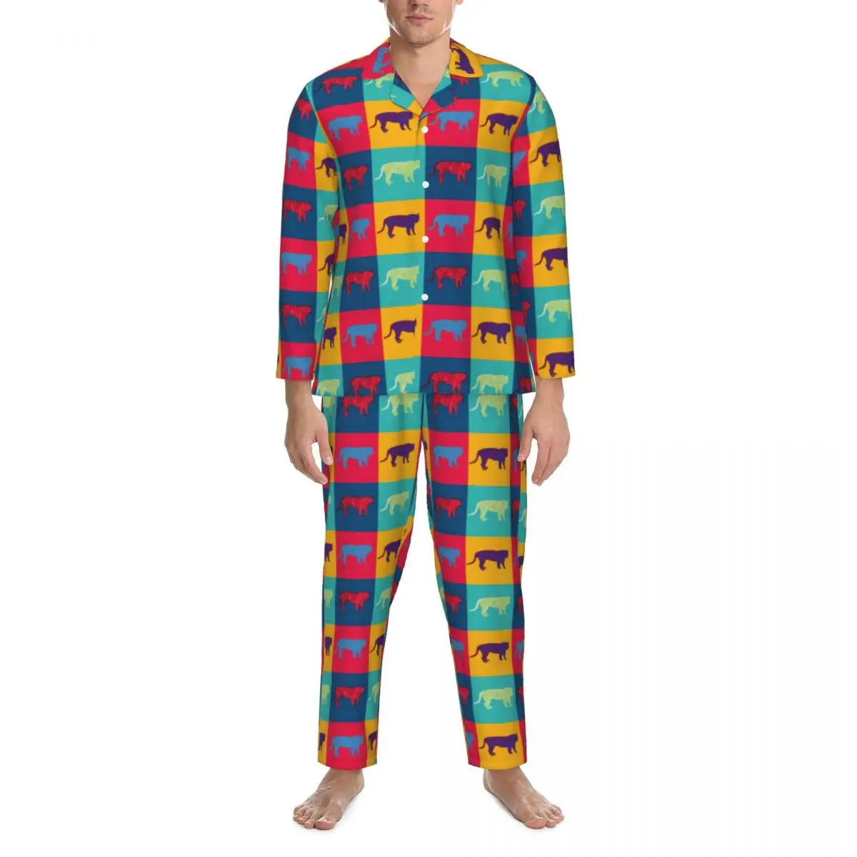 

Pop Art Style Sleepwear Spring Tigers Print Casual Loose Oversized Pajama Set Male Long Sleeve Kawaii Daily Design Nightwear