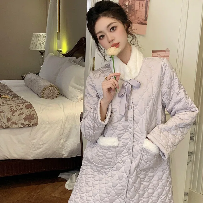 SXTHAENOO Women's Fashion Warm Nightgown Satin Loose Nightdress Long Robe Winter Thickened Stand Collar Long sleeve Nightwear