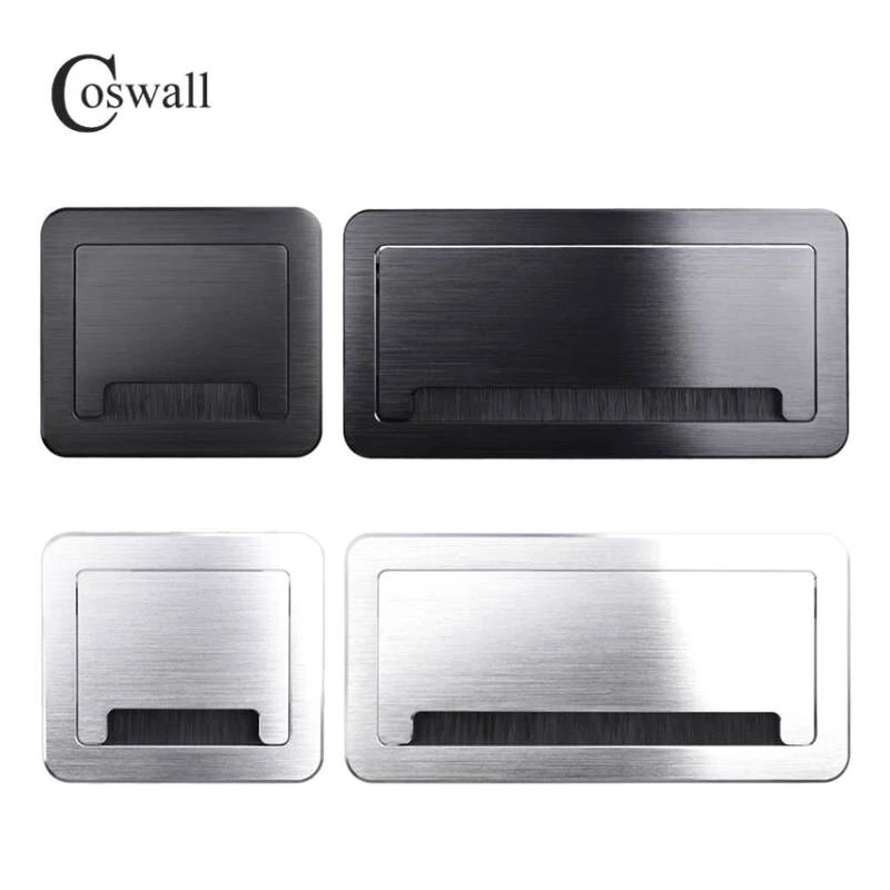 COSWALL Desktop Wire Hole Cable Outlet, brushed aluminum alloy black silver thickened arc corner soft open cover buffer dust proof brush