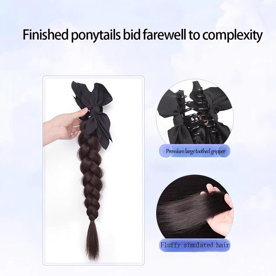 Side-Tie Synthetic Braids Ponytail Hair Extensions With Black Butterfly Knot Clips For Elegant Girls Daily And Party Wear