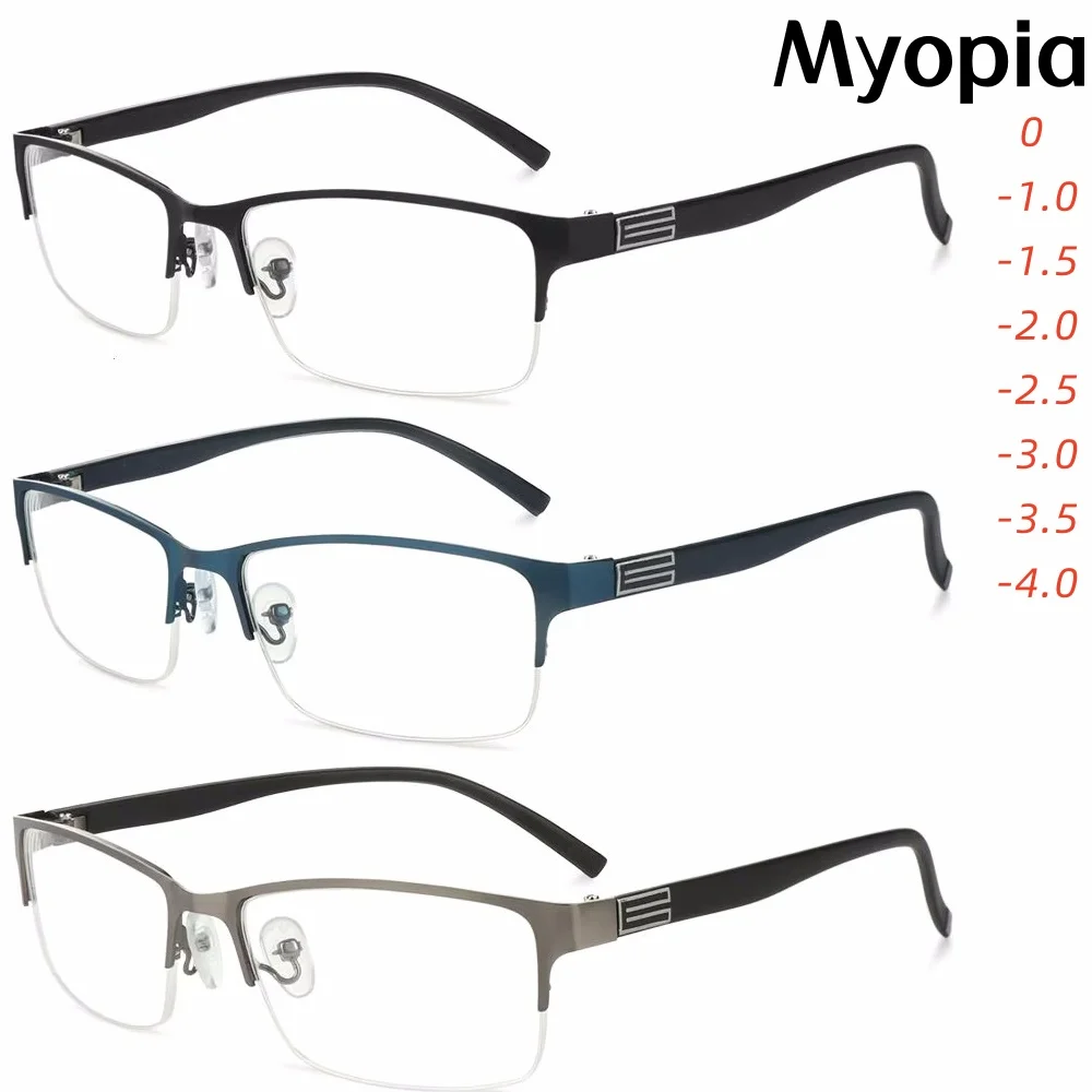 Anti-Blue Ray Kurzsichtige Brille Unisex Damen Herren Business Halbrahmen Minus Brille Dioptrien 0 bis -4,0 verschreibungspflichtige Brillen