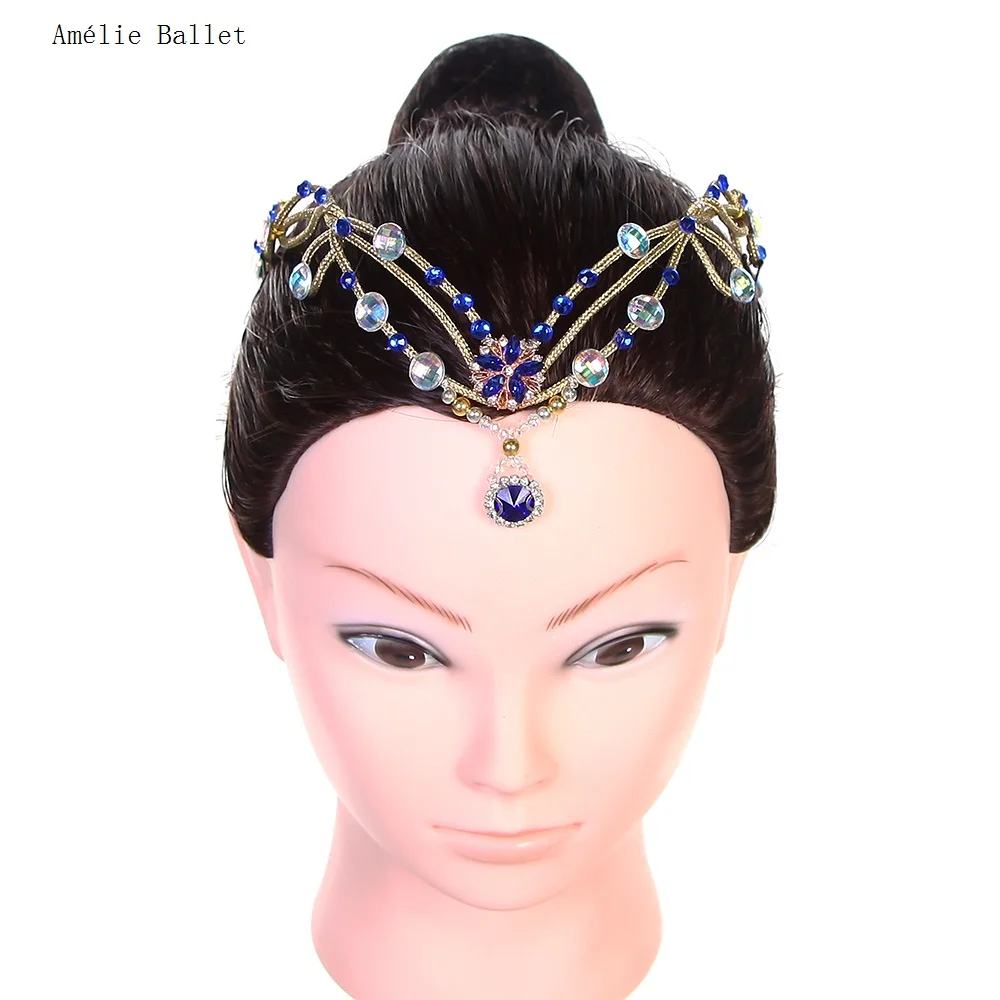

HB040 Free Shipping Gold Crown Sequin Tiara Ballet Dancing Hair Accessories Headdress Headwear with Blue Stones Hairwear