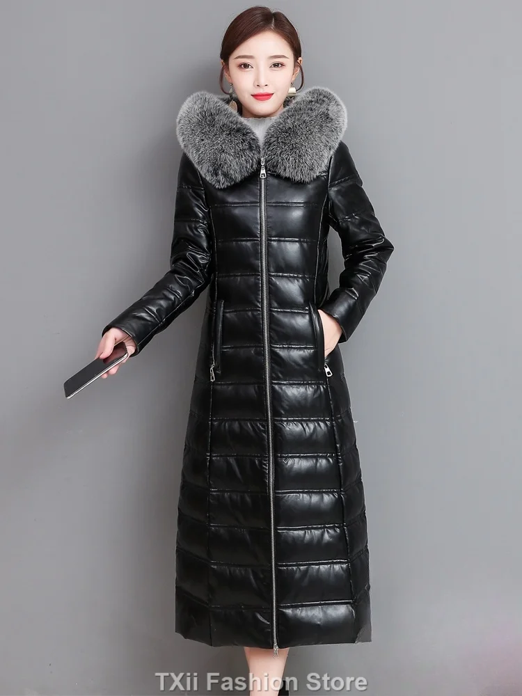 Real Leather Jacket Women with Fox Fur Collar Fashion Long Black