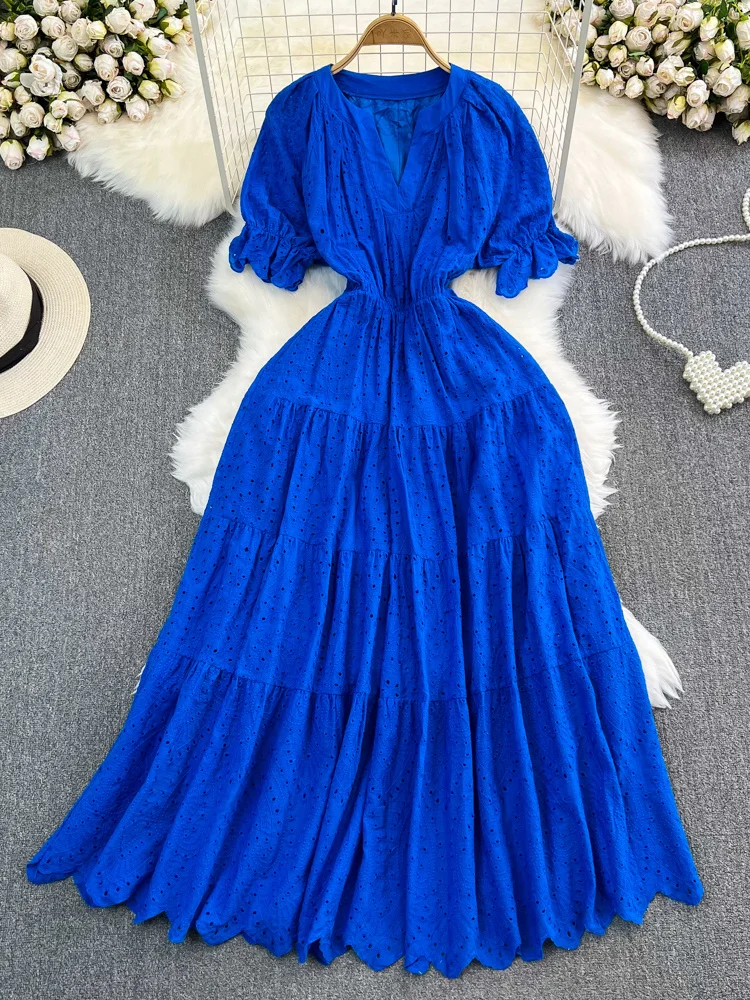 

Summer Vintage Women Hollow Out Embroidered Long Dress Elegant V-Neck Short Sleeve High Waist A-Line Beach Party Maxi Robe New