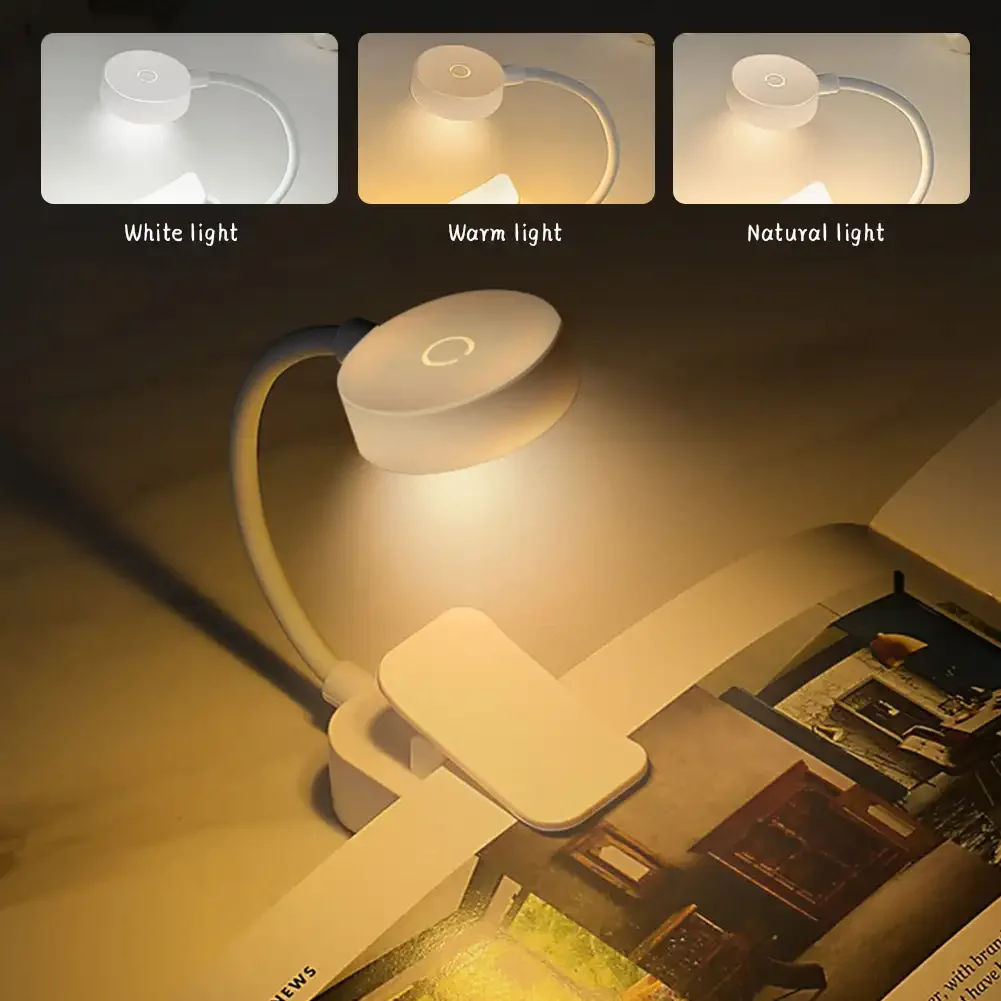 LED Light Desk Lamp Night Light Mini Clip Book Lamp 3 Colors Battery Powered USB for Reading