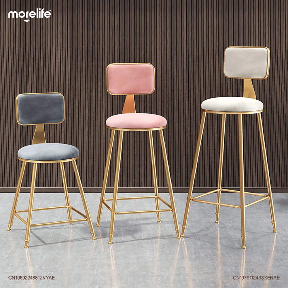 

Nordic Golden Leg Velvet Cloth Bar Chairs Minimalist Modern Counter Stool Restaurant Island Table Backrest High Legged Chair