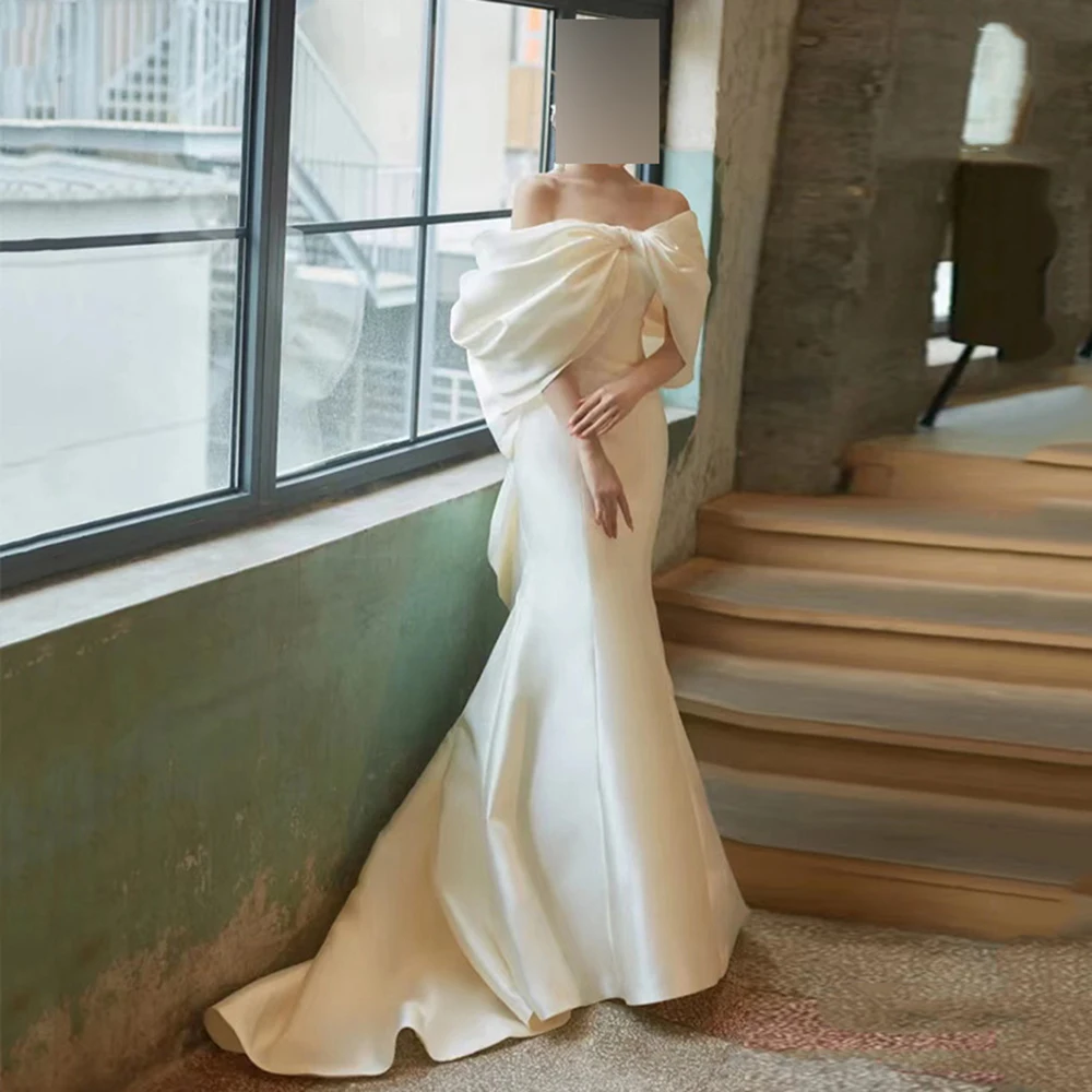 

Женское атласное платье с юбкой-годе, элегантное вечернее платье с бантом, со шлейфом, для свадебной вечеринки