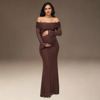 Maternity Off Shoulder Bell Sleeve Sequin Mesh Long Dress Party Elegant Bodycon Gown for Photoshoot Baby Shower