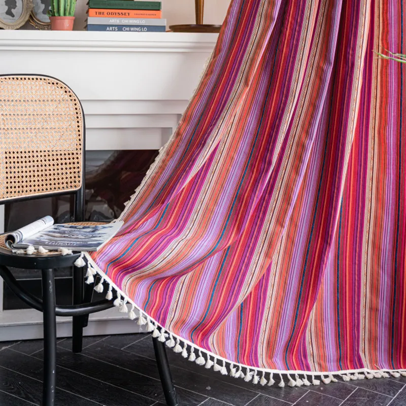 

Cotton Linen Boho Rainbow Stripes Curtain with Tassel Drape Blackout Valance for The Luxury Living Room Curtains for Living Room