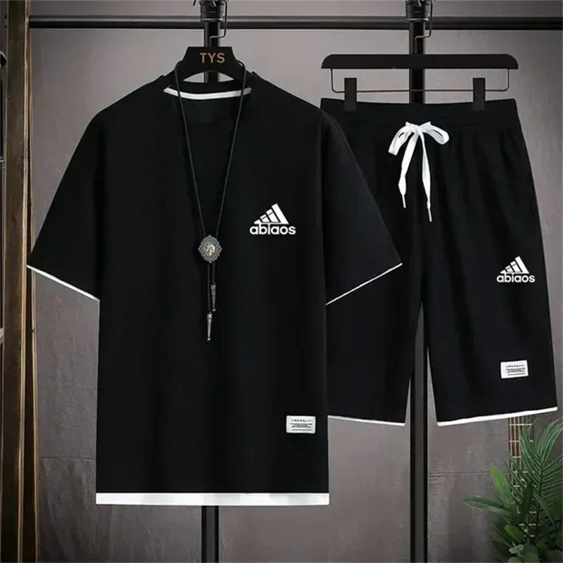 

2024 Summer Men's Waffle High quality Fashion Jogging Basketball Fitness set Casual T-shirt + Shorts Sportswear 2 piece set