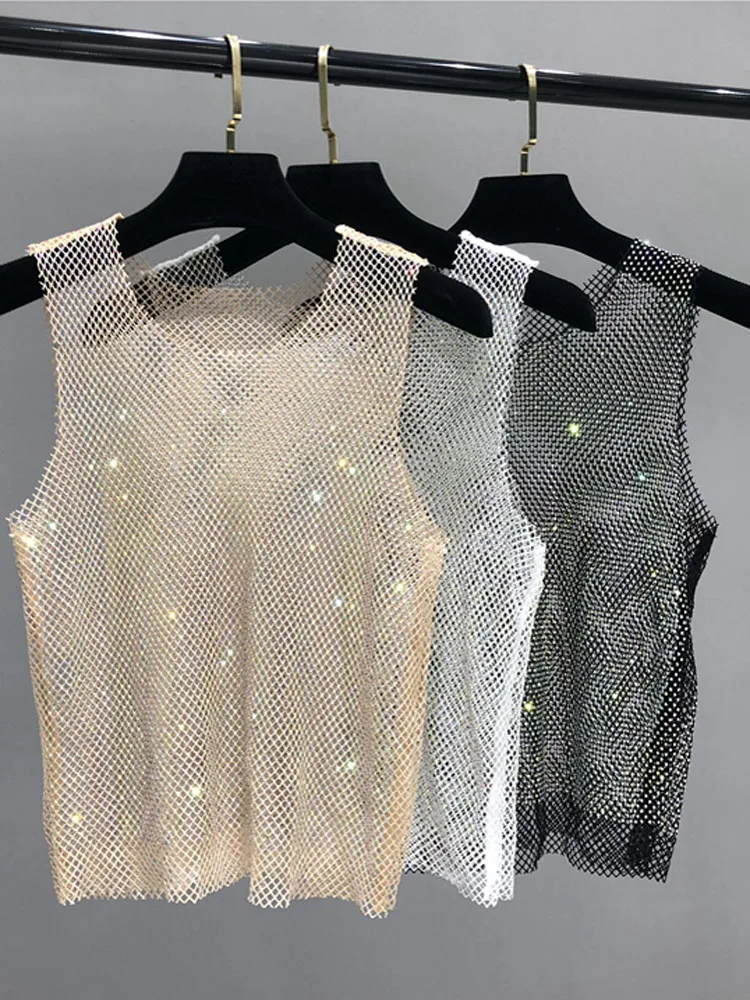 

2023 New Fashion Crystal Beading Shiny Tanks Party Club Sexy Hollow Out Diamonds Stamping Camis Winky Sleeveless Vest Y2k Summer