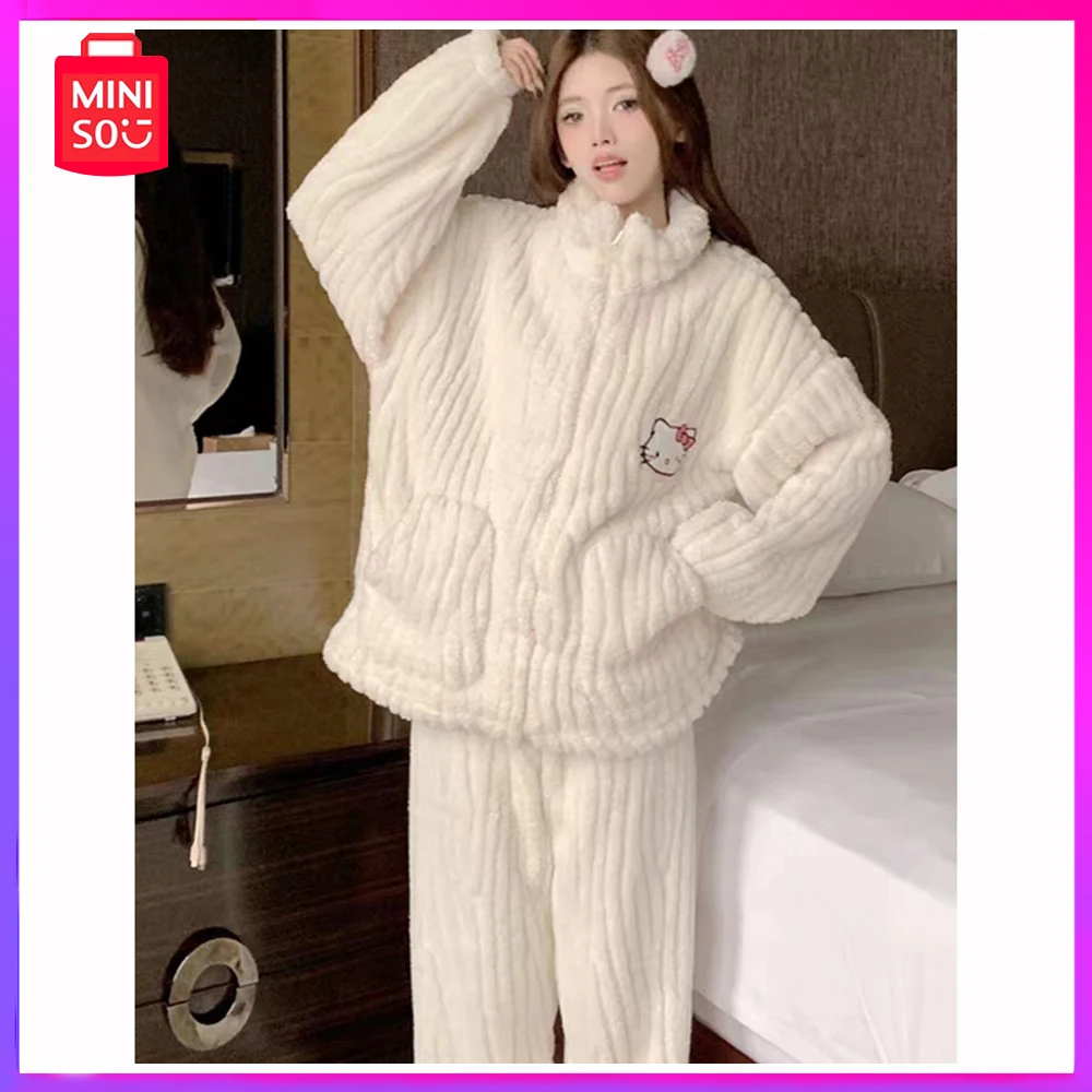 

Miniso Hello Kitty Winter New Fleece Pajamas Thickened Cute Cartoon Home Wear Zipper High Quality Set for Girls Christmas Gift