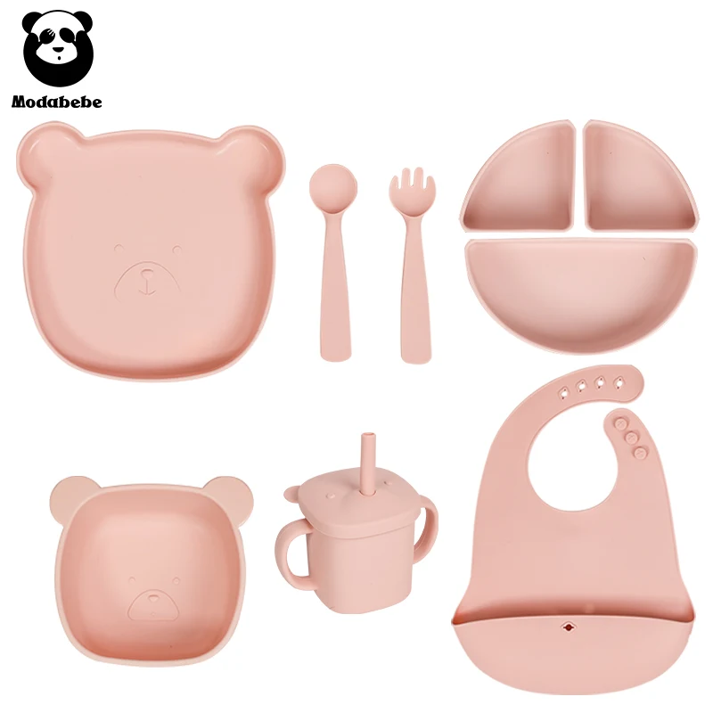Modabebe 9/6/5 PCS Baby Silicone Feeding Set BPA Free Baby Plates Bowl Spoons Fork Set Cute Design Kids Tableware With Bibs