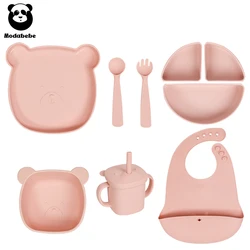 Modabebe 9/6/5 PCS Baby Silicone Feeding Set BPA Free Baby Plates Bowl Spoons Fork Set Cute Design Kids Tableware With Bibs