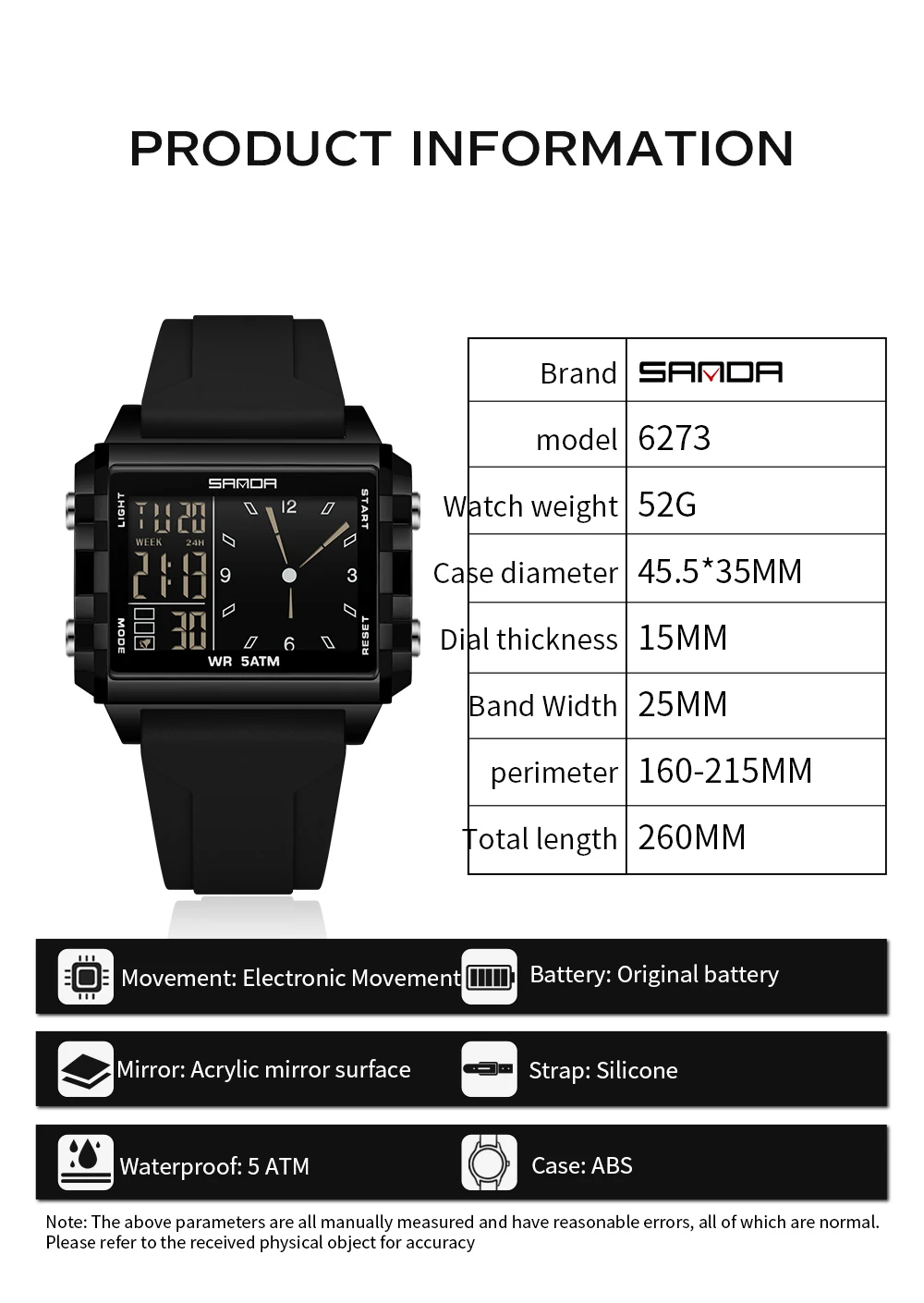 SANDA 6273 Fashion Electronic Watches for Man Luminous Calendar Waterproof Clock Outdoor Sports Casual Ladies Digital Wristwatch view 4