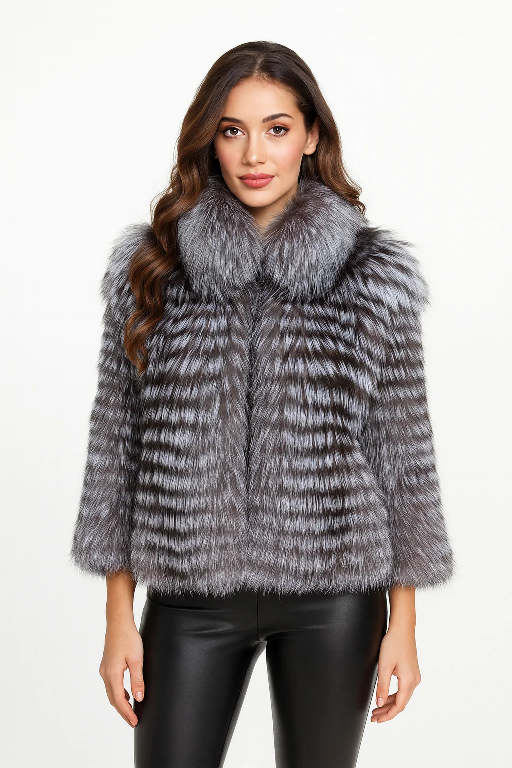 Lady Striped Real Silver Fox Fur Coat Short Jacket Spring Autumn Luxury Elegant Big Size Clothes Luxurious With Fur Collar 2107