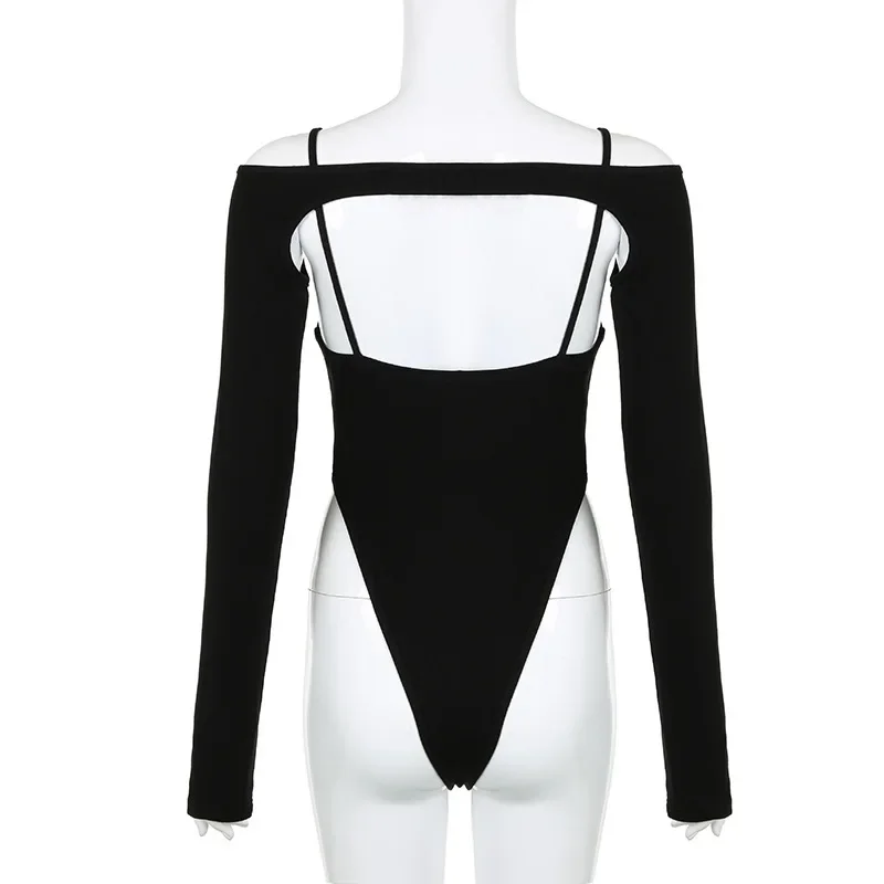 Traje de festival de verano de una pieza con parches de color liso, lencería informal de manga larga, mono sexy con cordones ligeramente transparentes