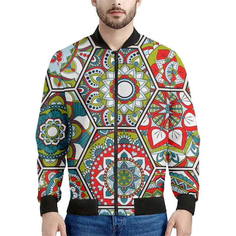 Chaqueta con estampado 3D de mandala bohemio para hombre, sudadera con estampado floral de primavera y otoño, abrigos de manga larga con cremallera y estilo aviador
