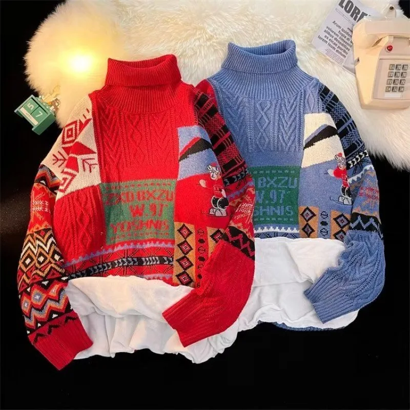 

American New Retro Christmas Tree Sweater Y2K Street Fashion For Men And Women Loose High-necked Plus Velvet Padded Sweater Coat
