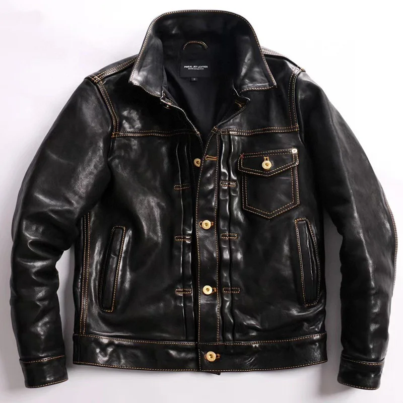 

American lapel 506 denim pleated models horse leather jacket men women universal models of casual rock biker leather jacket top