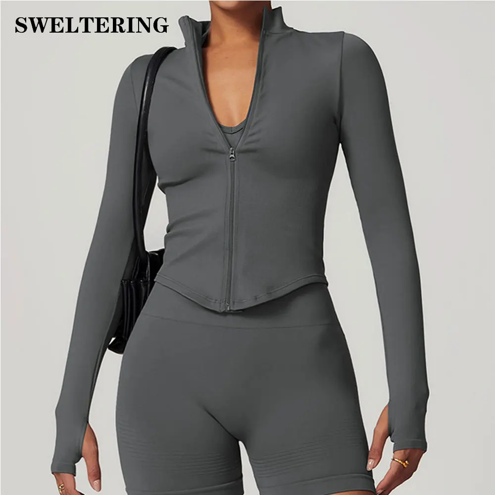 Zipper Jacket Women Crop Tops Yoga T-shirts Solid Sports Top Long Sleeve Running Shirts Sexy Quick Dry Fitness Gym Sport Wear 1