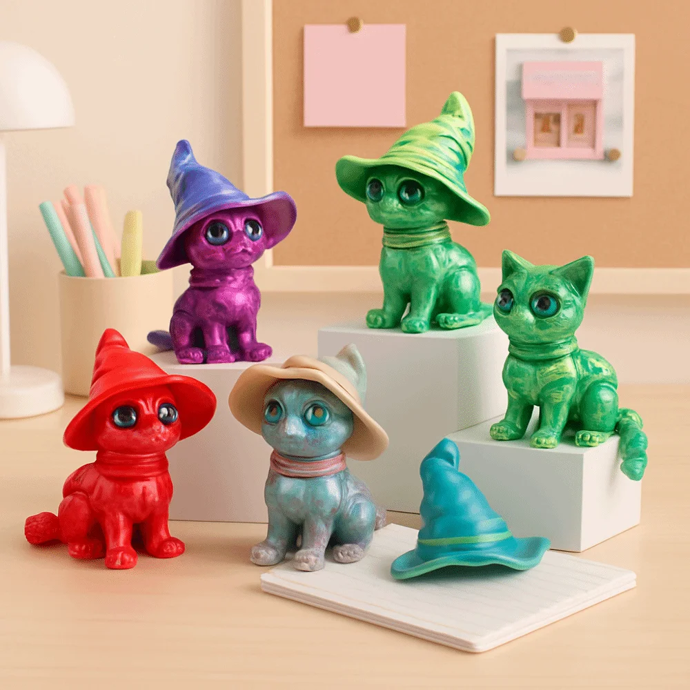 큰 눈을 가진 3D 프린팅 고양이 모형, 사실적인 디자인, 플라스틱 소재, 관절형 고양이, 3D 프린팅 기술, 귀여운 스타일