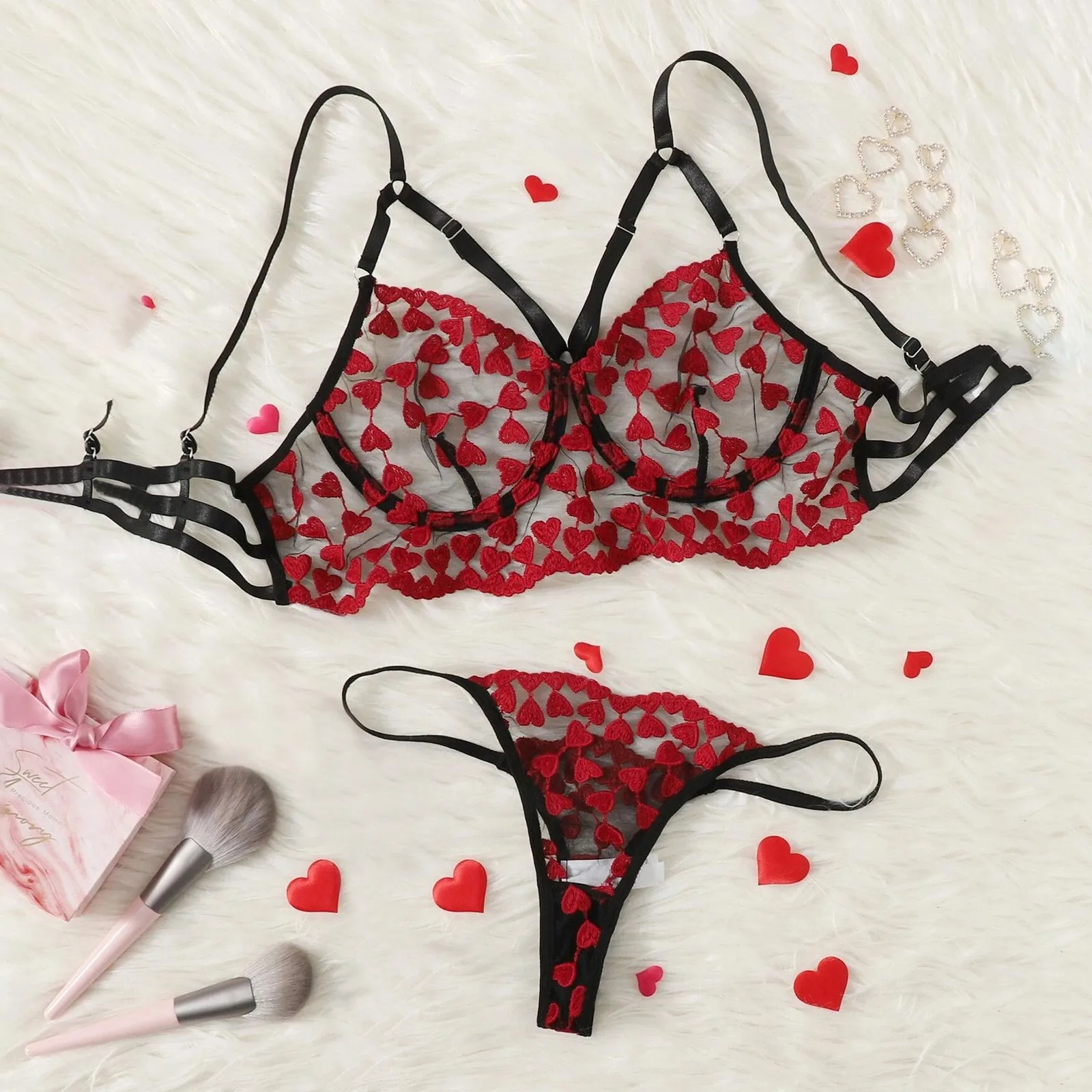 Sexy Flowers Embroidery Bralette And G-string Set Women Perspective Push Up Underwear Breathable Large Size Home Sleepwear Brief