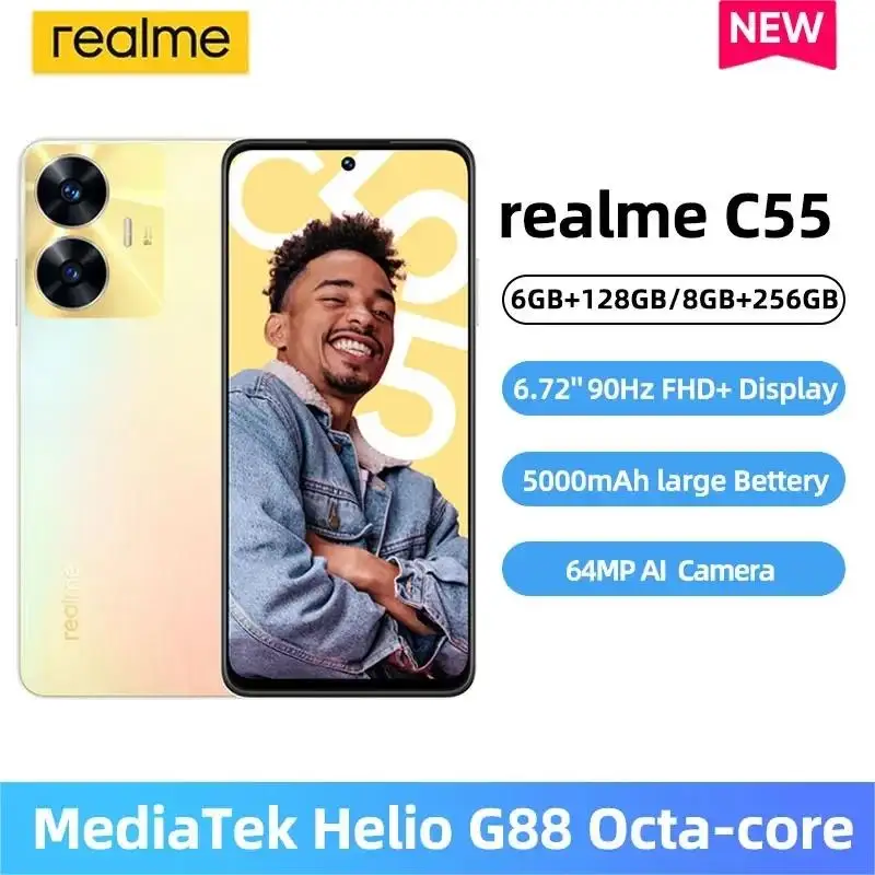 

Realme C55 Smartphone MediaTek Helio G88 AI 64MP Camera 33W SUPERVOOC Charge FHD+ 6,72'' 90Hz Screen Cellphone