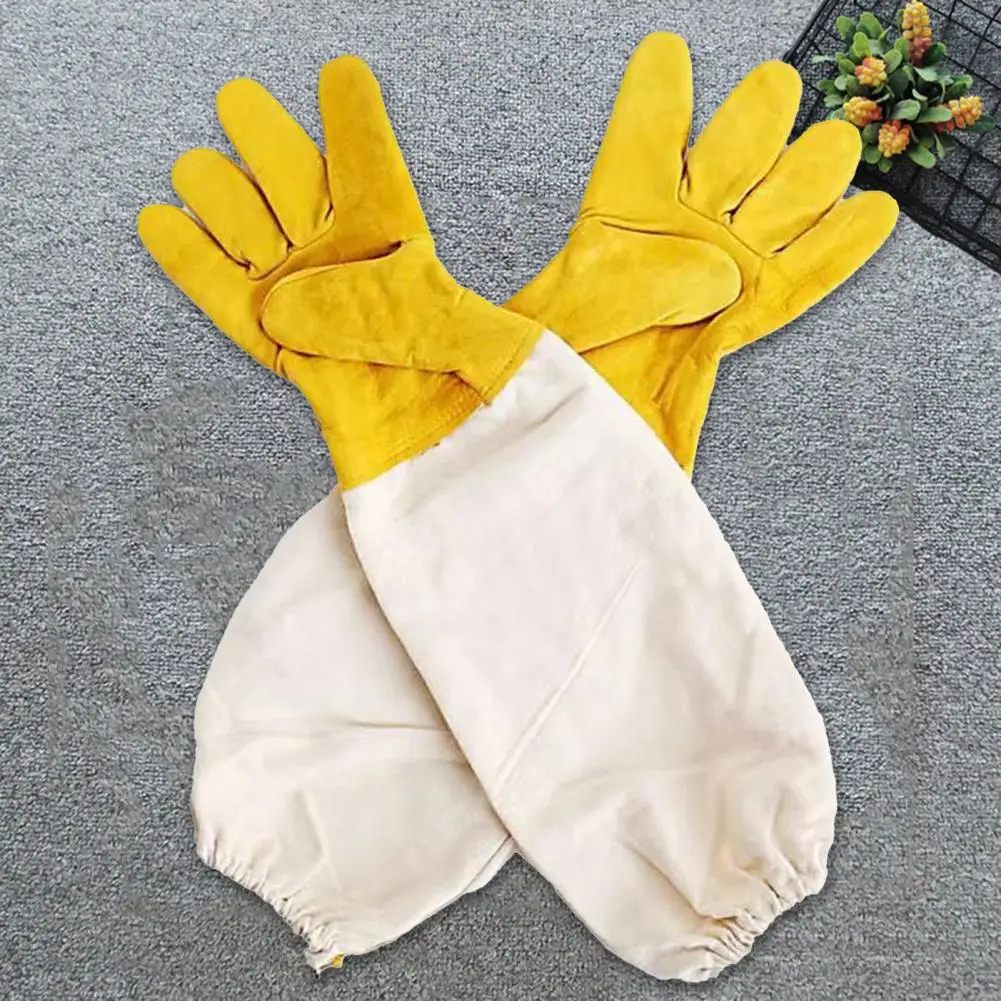 Honey Harvesting Gloves Bee Inspection Gloves Protective Beekeeping Breathable Canvas Goat Leather Sleeves for Anti-bee
