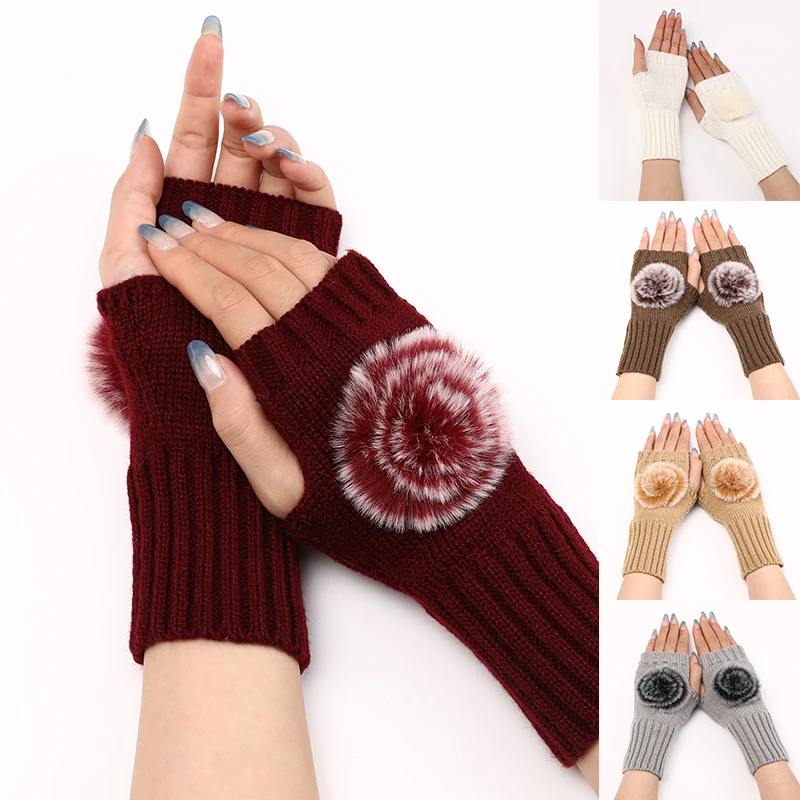

New Autumn Winter Women's Short Gloves Female Plush Half-Finger Gloves Fashion Fur Black Warm Knitted Fingerless Gloves